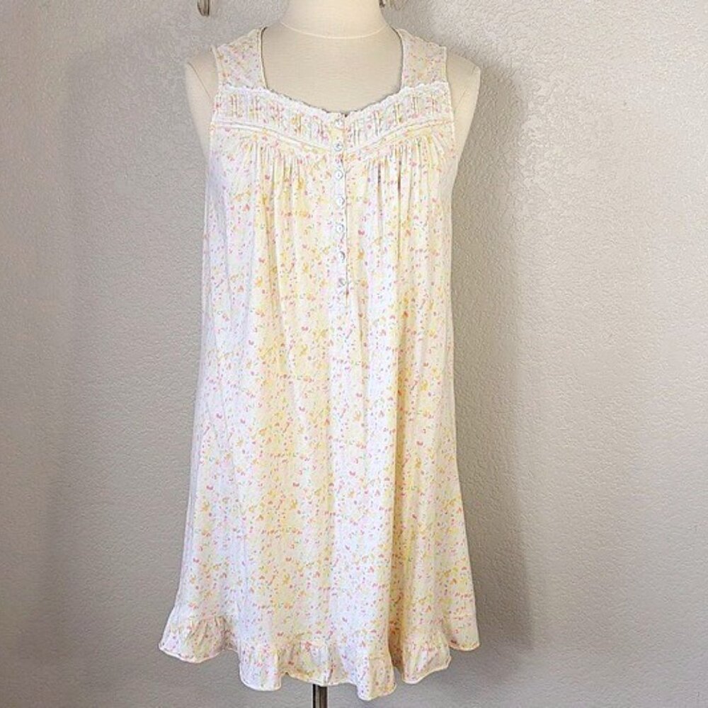 Eileen West Size L Chemise Pintuck Cotton Ruffle Hem Pastel Florals